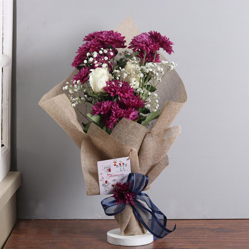 Classic Violet Bouquet - White roses and Chrysanthemums - TCS SentimentsExpress