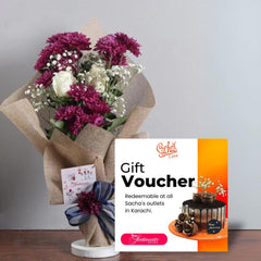 Sacha's Gift Voucher With CLASSIC VIOLET BOUQUET - WHITE ROSES AND CHRYSANTHEMUMS