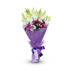 Plum Passion Bouquet - Purple chrysanthemums and White Gladiolus