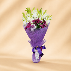 Plum Passion Bouquet - Purple Chrysanthemums and White Gladiolus