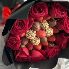 Valentine's Day Strawberry & Rose Bouquet - 18 Chocolate Strawberries & 9 Roses