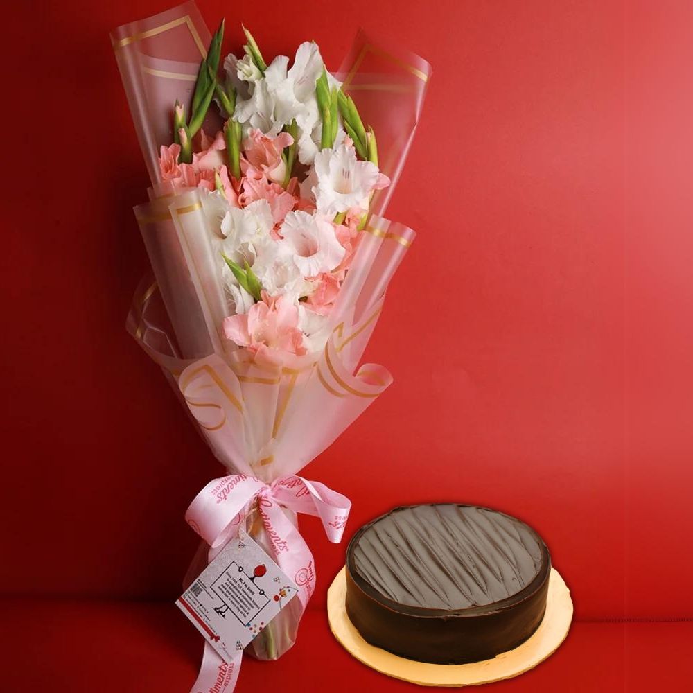 Pink Pastel Bouquet & Chocolate Fudge Cake - TCS SentimentsExpress