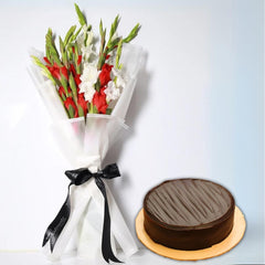 Chocolate Fudge Cake 2lbs & Simply Bright Bouquet - TCS SentimentsExpress