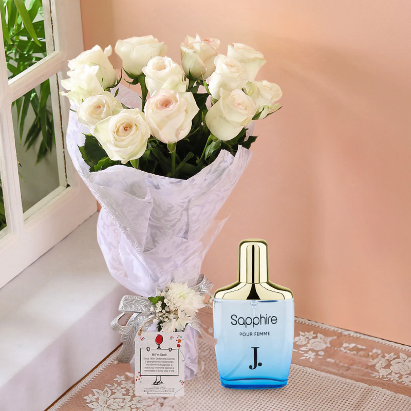 Sapphire 25 ML By J. With White Roses Bouquet