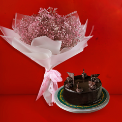 Blissful Treat: Brownie Cake - 2Lbs & Pink Gypsophila Blooms