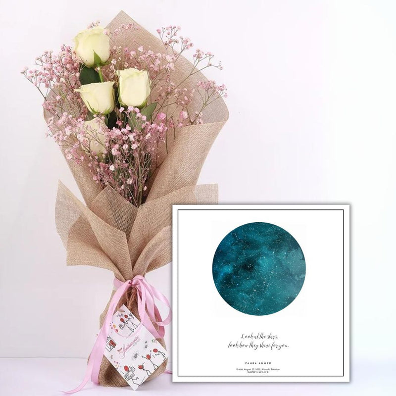 Arctic Winter Star Map With Dreamland Bouquet - White Roses