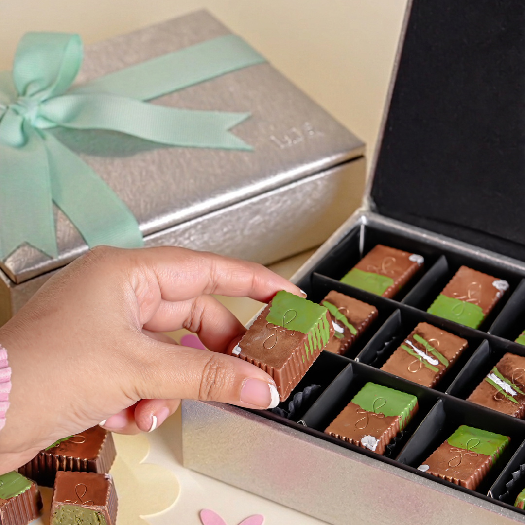 Silver Leather Box with Pistachio Kunafa Bon Bons