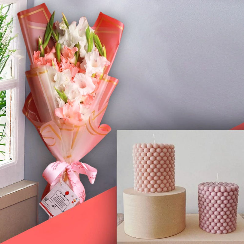 Cylindrical Bubble Candle and Pink Pastel Bouquet