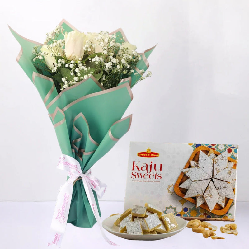 Refined Indulgence: Kaju Sweet with Elegant White Roses