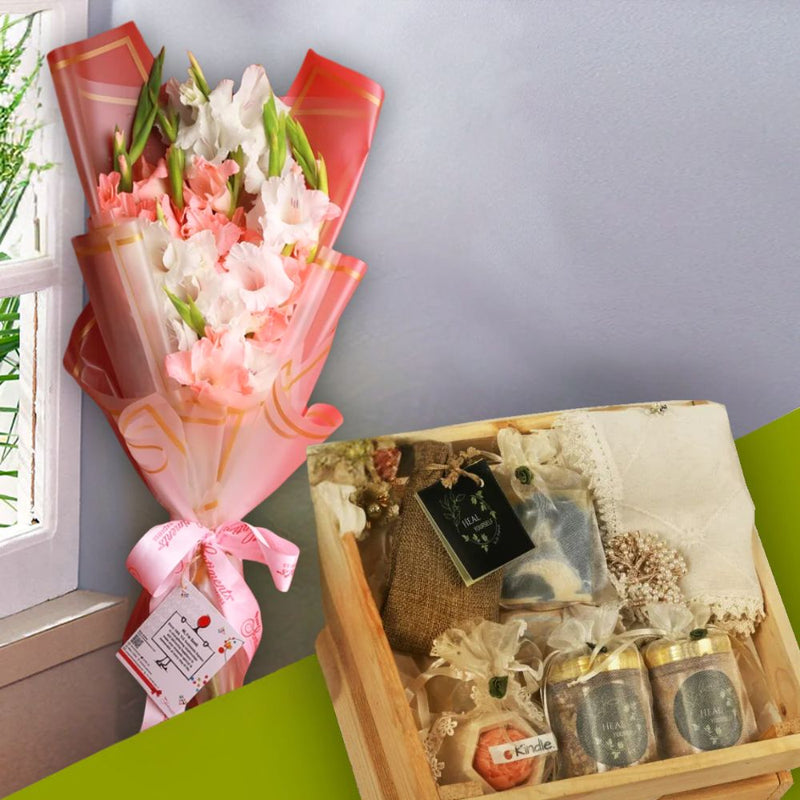 Wellness Basket and Pink Pastel Bouquet