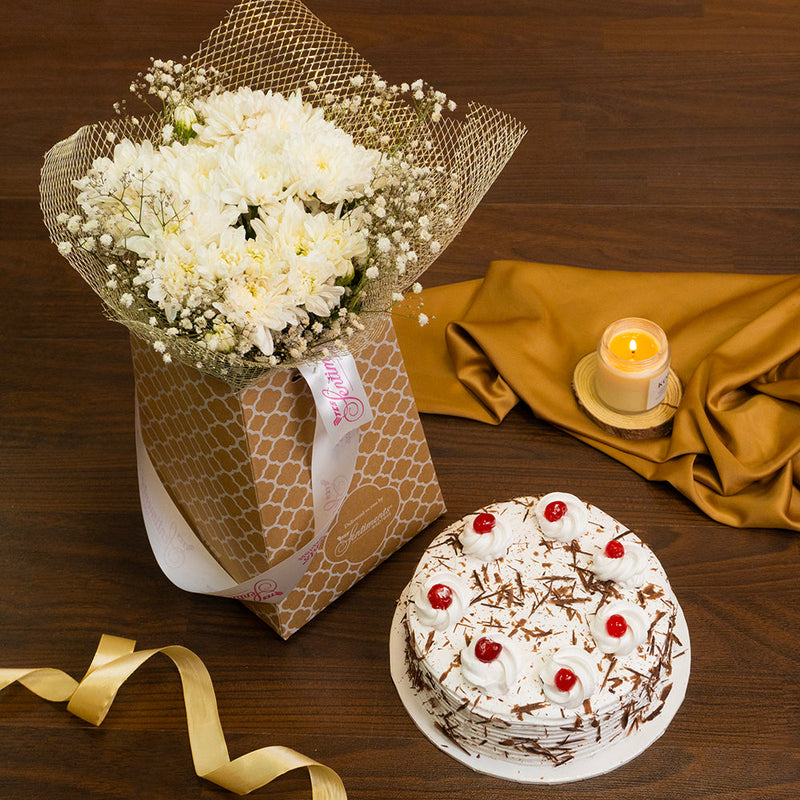 For Tenderness Black Forest Cake And Chrysanthemums - Same Day Delivery