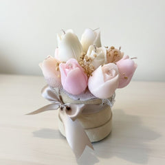 Pastel Tulip Bouquet Candle Arrangement in Velvet Box