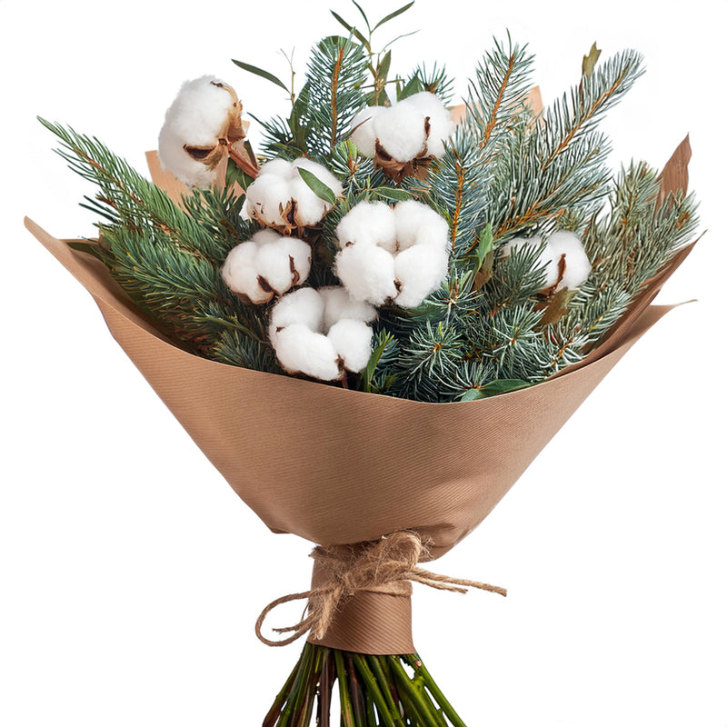 Snowfall Cotton and Fern Bouquet