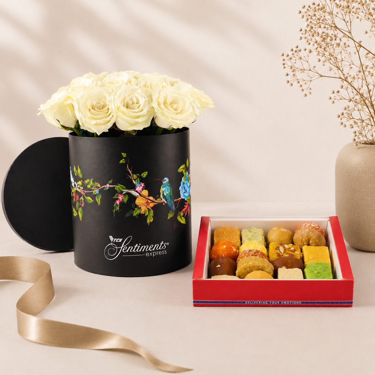 Mixed Mithai with White Roses 
