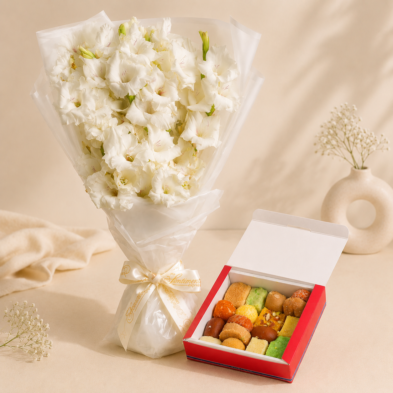 Mixed Mithai and White Glads 