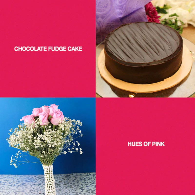 Joyful Combo - Pink Roses, Gypsos and Fudge Cake