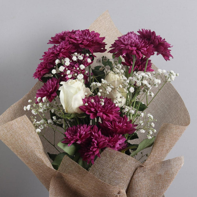 Classic Violet Bouquet - White roses and Chrysanthemums