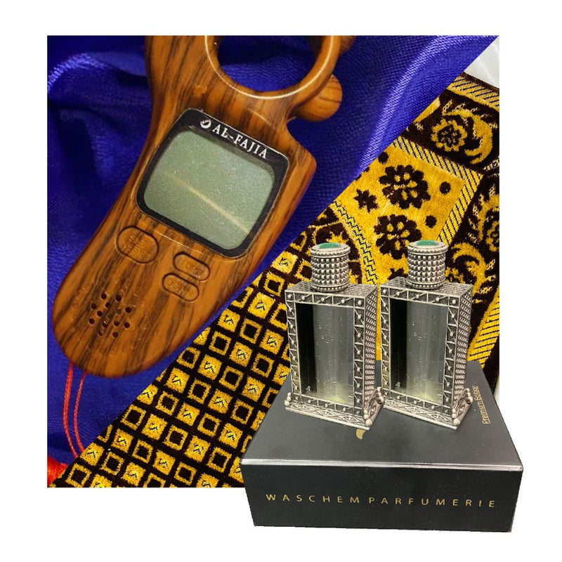 Digital Tasbeeh with Azaan Alarm + Folded Prayer Mat + Ittar Box (Pack of Two - Oudh & Ghialfe Kaba) - 20ml each