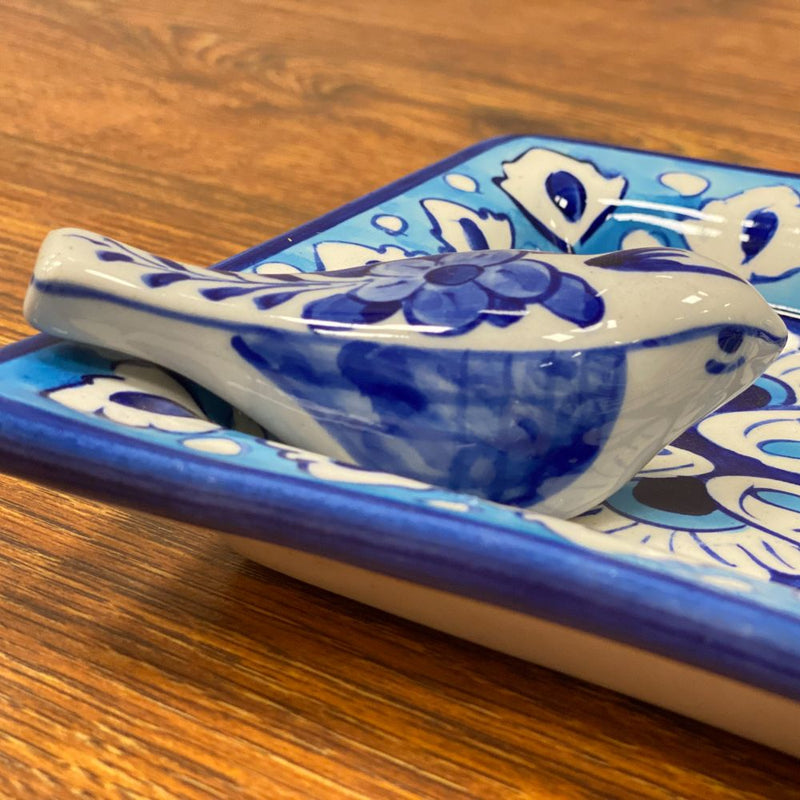 Multani Blue Pottery Serving Dish with Ceramic Bird: A Host&